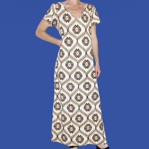 Bohemian Cream, Pink & Brown Geometric Maxi Shirt Dress